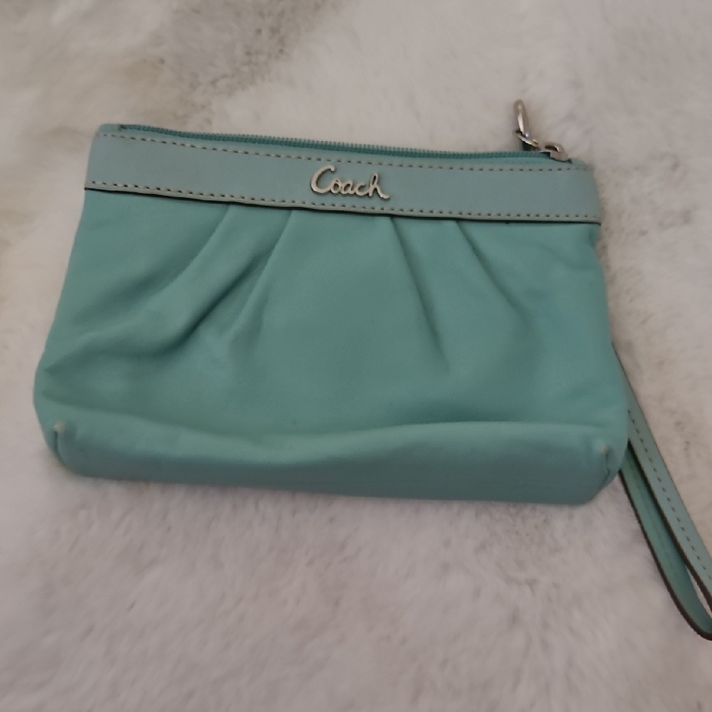 Coach Mint Blue Pleated Wristlet Clutch